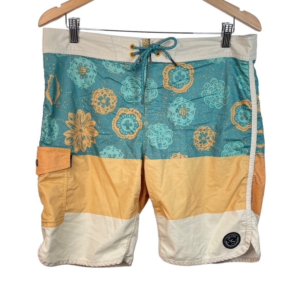 Lost At Sea Men's Orange Blue Floral Unlined Swim Trunks Board Shorts Size 32